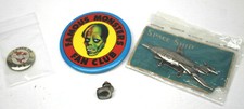 4 Vintage Pinback Tin Sky Rocket Space Ship+Dodge 30 Yr+Famous Monster+COPE Pin+