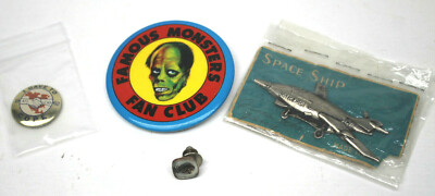 4 Vintage Pinback Tin Sky Rocket Space Ship+Dodge 30 Yr+Famous Monster+COPE Pin+