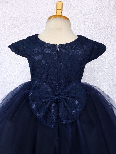 Navy Blue Cap Sleeve French Lace 3 Layer Tulle Dress Wedding Birthday Graduation - Picture 7 of 10