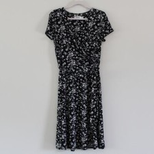 Eliza J Black White Floral Print Faux Wrap Dress Belted Tie Waist Short Sleeve M