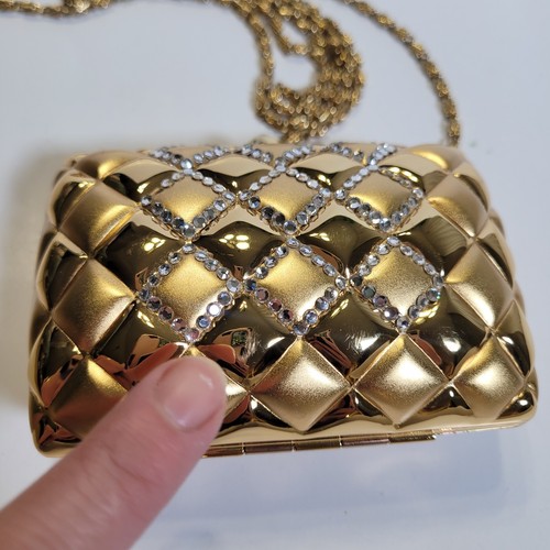 Vintage Quilted Metal Hard Sided Crossbody Shoulder Chain Strap Purse Gold Tone - Picture 4 of 7