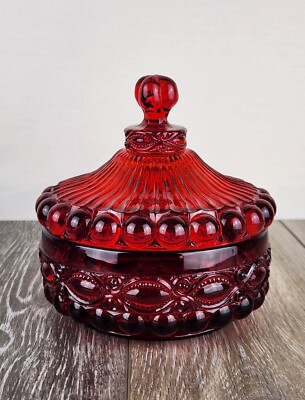 Vintage Mosser Glass Ruby Red Eye Winker Candy Dish with Lid   Covered Glass Jar