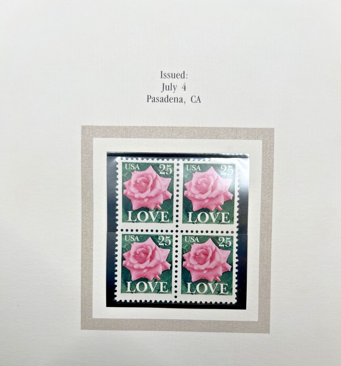 1988 USPS Love Folder Item #803 - 25¢ & Plate Blocks of 8