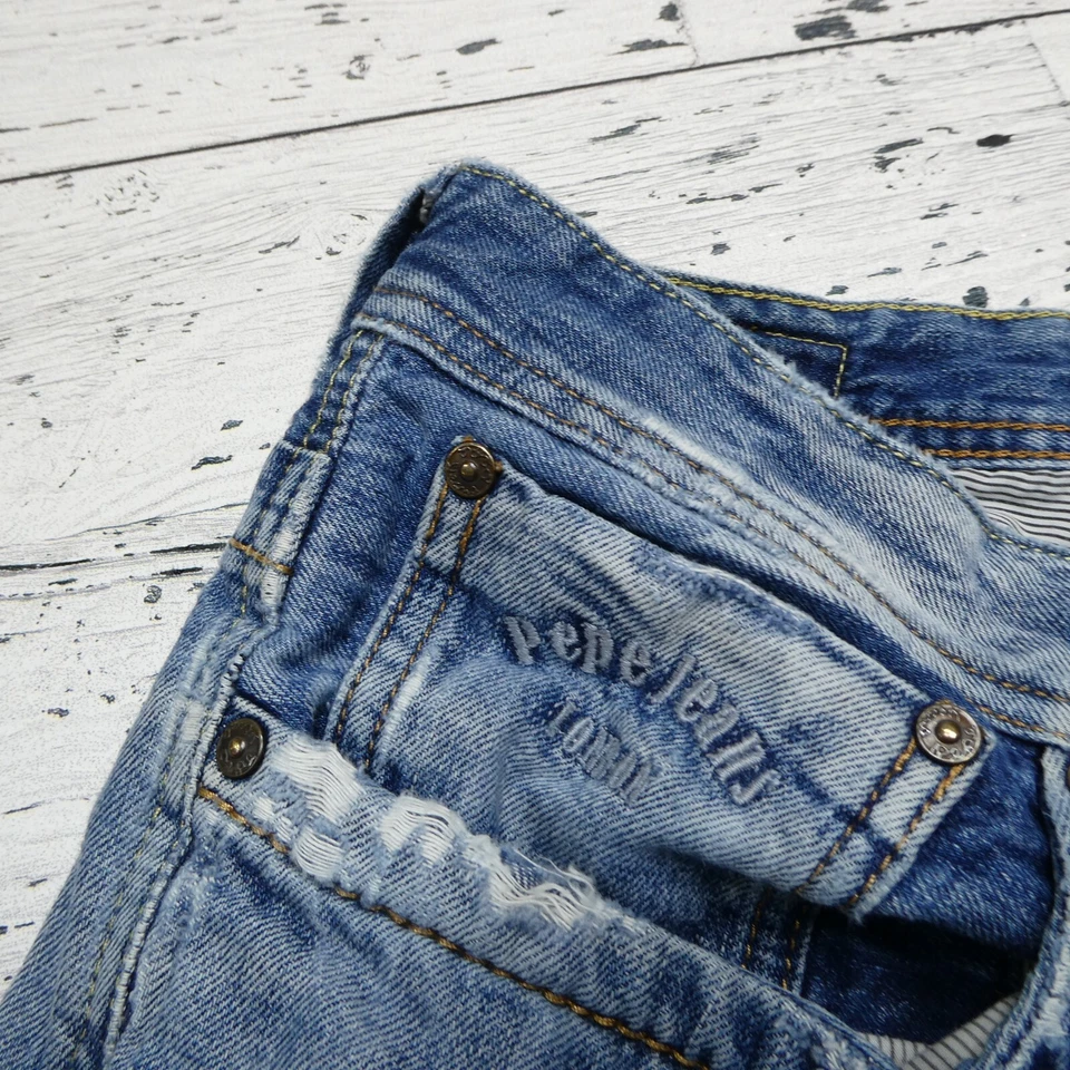Винтажные мужские джинсы Pepe 32x34 синий джинсовой ткани кнопка мухи искусственно состаренный Y2K узкий крой - Изображение 4 из 4