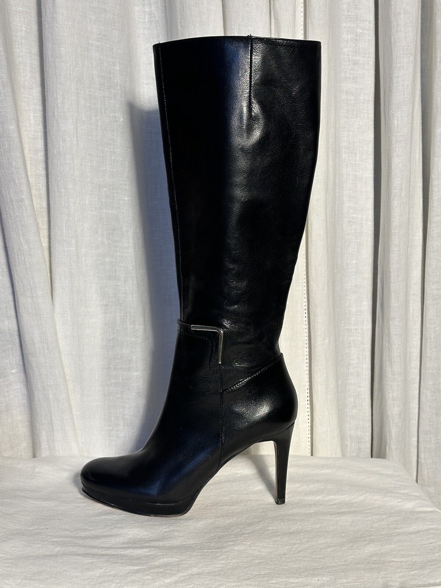 Nine West Womens Blk Leather Platform NWEVAH Knee High Heel