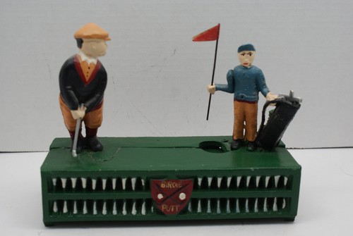 Birdie Putt Cast Iron Golfer & Caddy Mechanical Coin Piggy Bank Man Cave Item - Picture 4 of 11