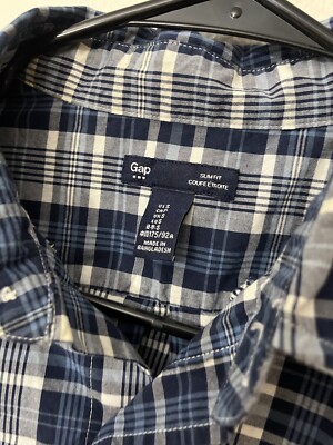 Gap Button Up Shirt Mens Size Small Blue Plaid Check Slim Fit Long