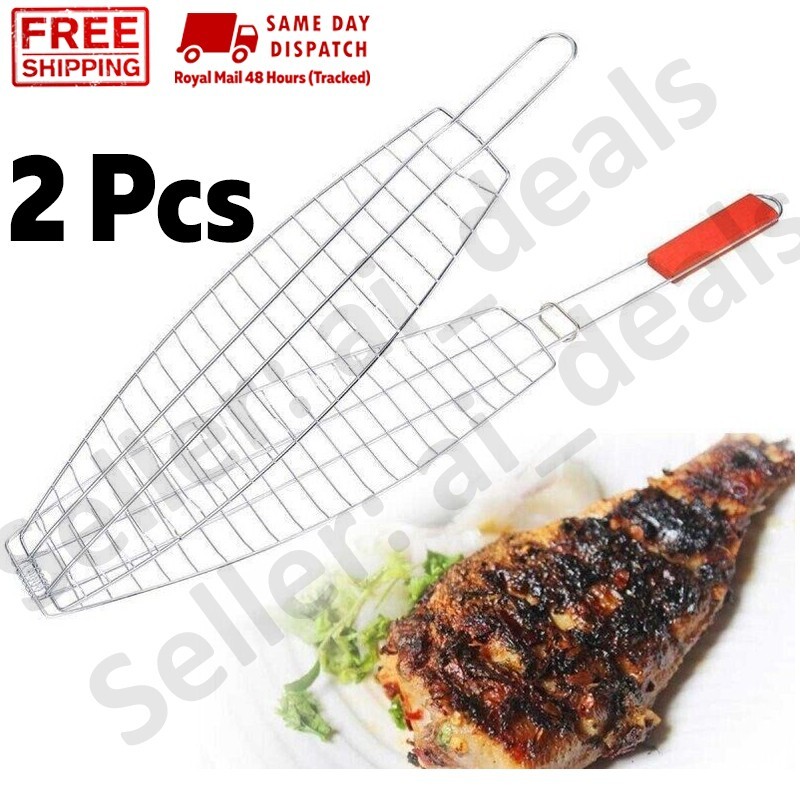 2 x Estante de cesta para parrilla de pescado grande para barbacoa carne soporte plegable mango largo malla 1243