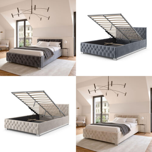Designer Polsterbett Stoff Samtstoff Bett mit LED Lattenrost Bettkasten Stauraum - Bild 1 von 27