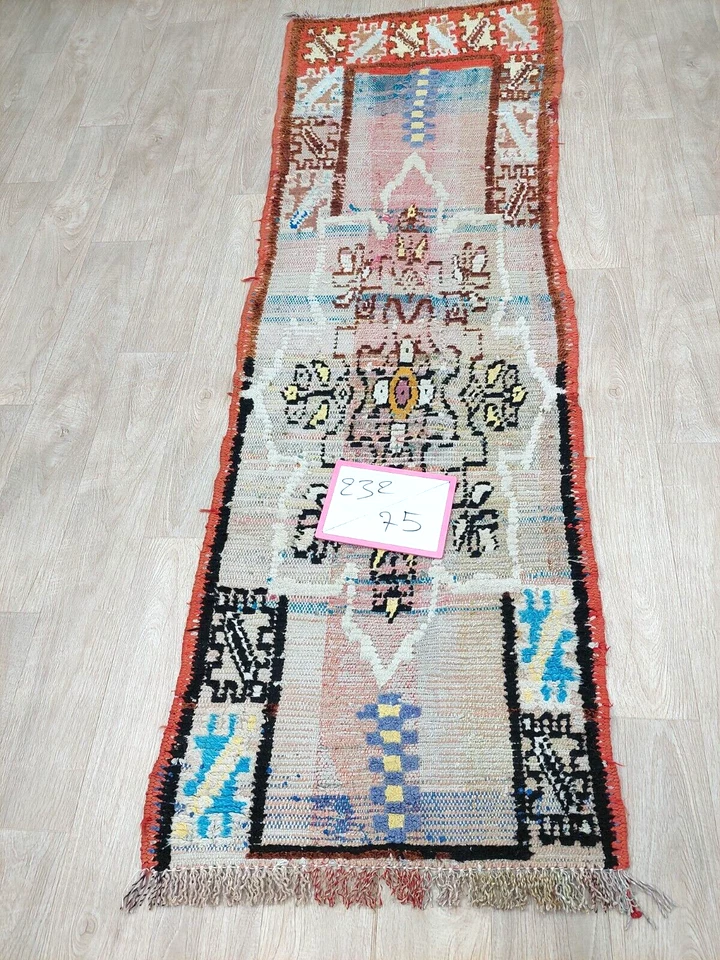 Vintage Faded Handmade Runner Rug 2x7 Berber Boucherouite Cotton Boujaad Old Rug - Image 4 of 4