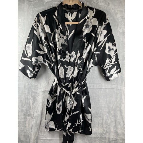 Alexander Del Rossa Womens Satin Robe Short Length B/W floral Sz Med Kimono Top