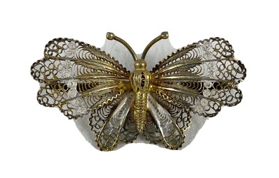 Broche Vintage Papillon En Argent 800 Filigrane - Occasion - Bijou Ancien Argenté