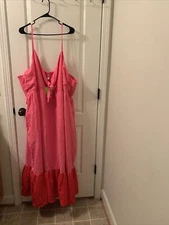 Tabitha Brown Women's Tiered Maxi Linen Blend Dress Tie Front Pink Red