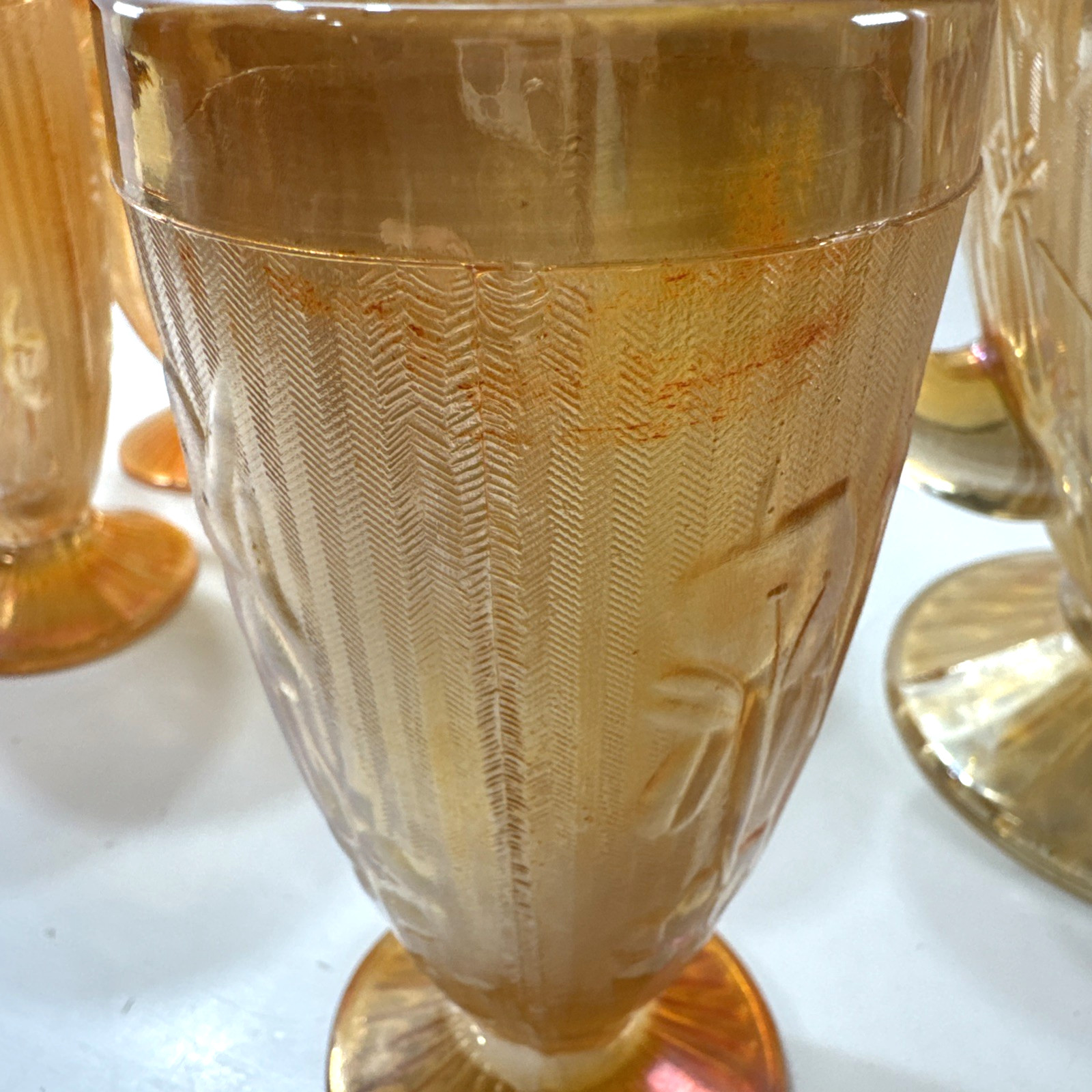 Vintage ESTATE Jeanette Iris and Herringbone Iridescent Pitcher & 6 Glass SET