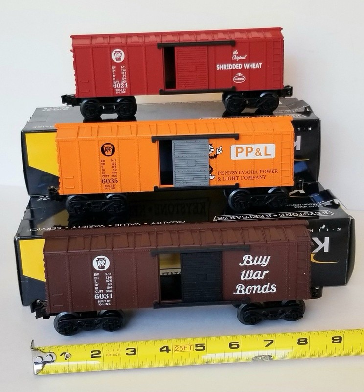 K-LINE Keystone-Keepsakes  3 Box Cars PRR PA P&L, Buy War Bonds & Shredded Wheat