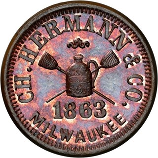 1863 Milwaukee Wisconsin Civil War Token Hermann & Co Broom Jug R6 NGC MS65