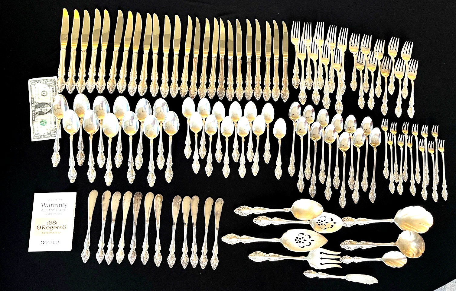 111 x Vintage ONEIDA 1881 Rogers Baroque Rose Silverplate Stainless Flatware Lot