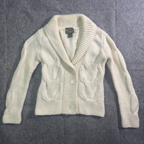 Eddie Bauer Sweater Womens Small Petite Ivory Cardigan Shawl Wool Blend Cable