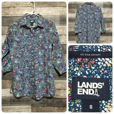 Lands End Shirt Women’s 8 Blue No Iron Supima Floral Button Up 3/4 Sleeve Tunic
