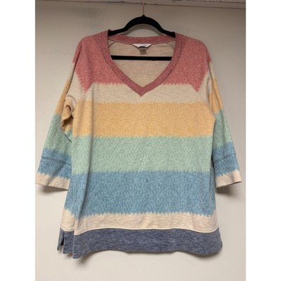 Christopher & Banks Petite Rainbow Striped V-Neck 3/4 Sleeve Knit Top P/L 8293