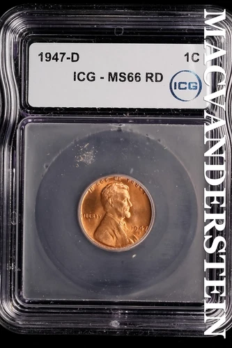1947-D Lincoln Wheat Cent-ICG MS 66 RD Choice Gem BU No Reserve #SLL851