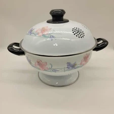 Vintage Porcelain Enamel Colander with Lid – Floral Design, Porcelain on Steel,