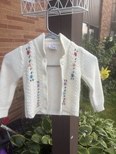 Vintage 70s Jayco Children  s Cardigan Sweater Floral Embroidered Knit Cream