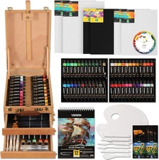 Deluxe Acrylic Paint Set 74Pcs Complete Art Supplies W/Tabletop Sketch Box Easel