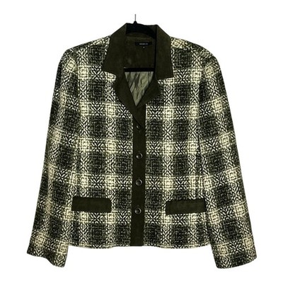 Henry Lee Womens Plaid Blazer Olive Green Faux Suede Trim Button Front Size 12