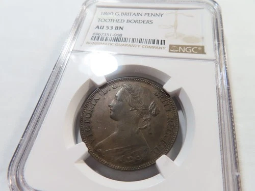 R93 Great Britain 1860 1 Penny Toothed Borders NGC AU-53 Brown