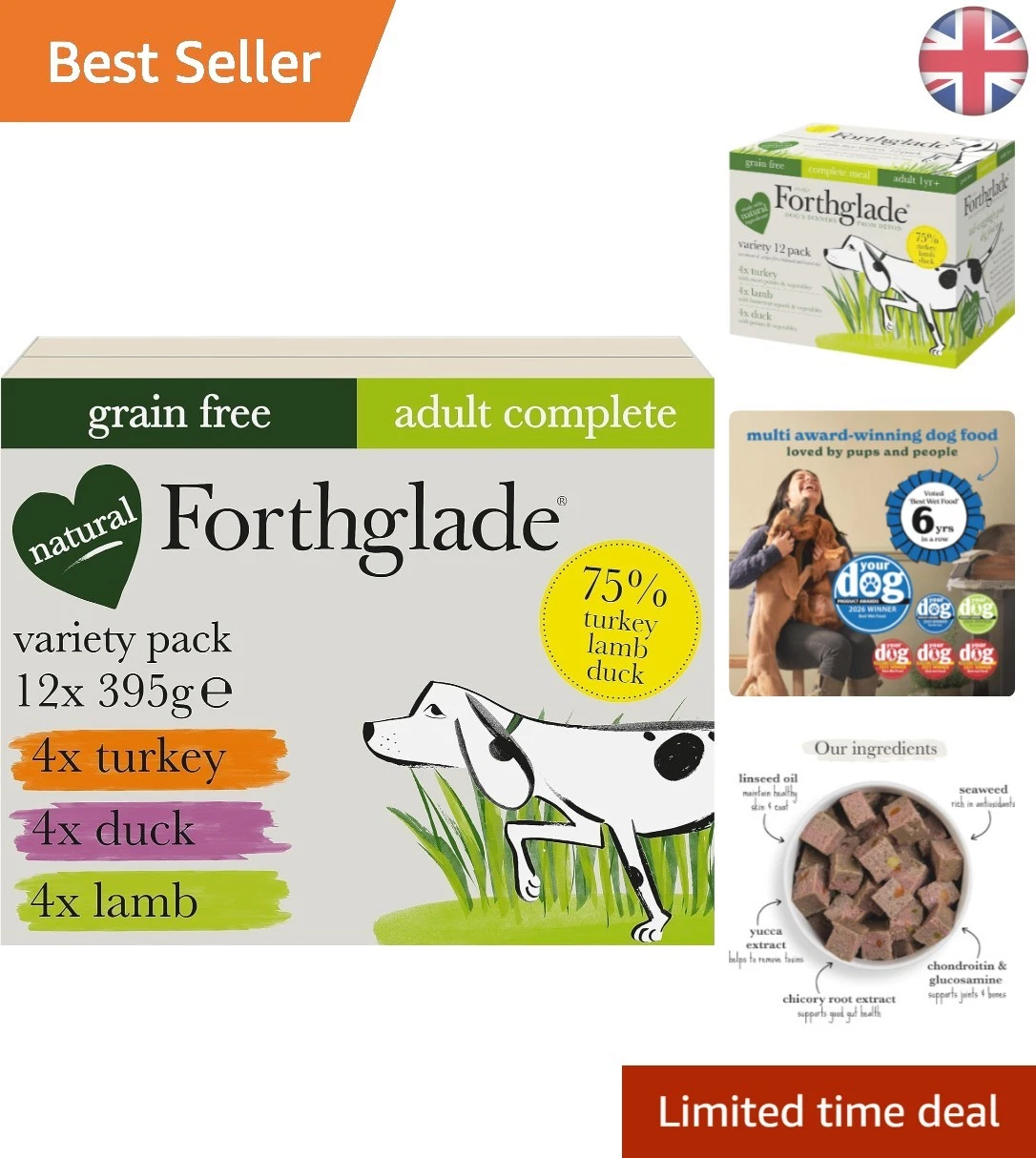 Delicious Grain-Free Adult Dog Food - Turkey, Lamb & Duck 12 Pack of 395g Trays