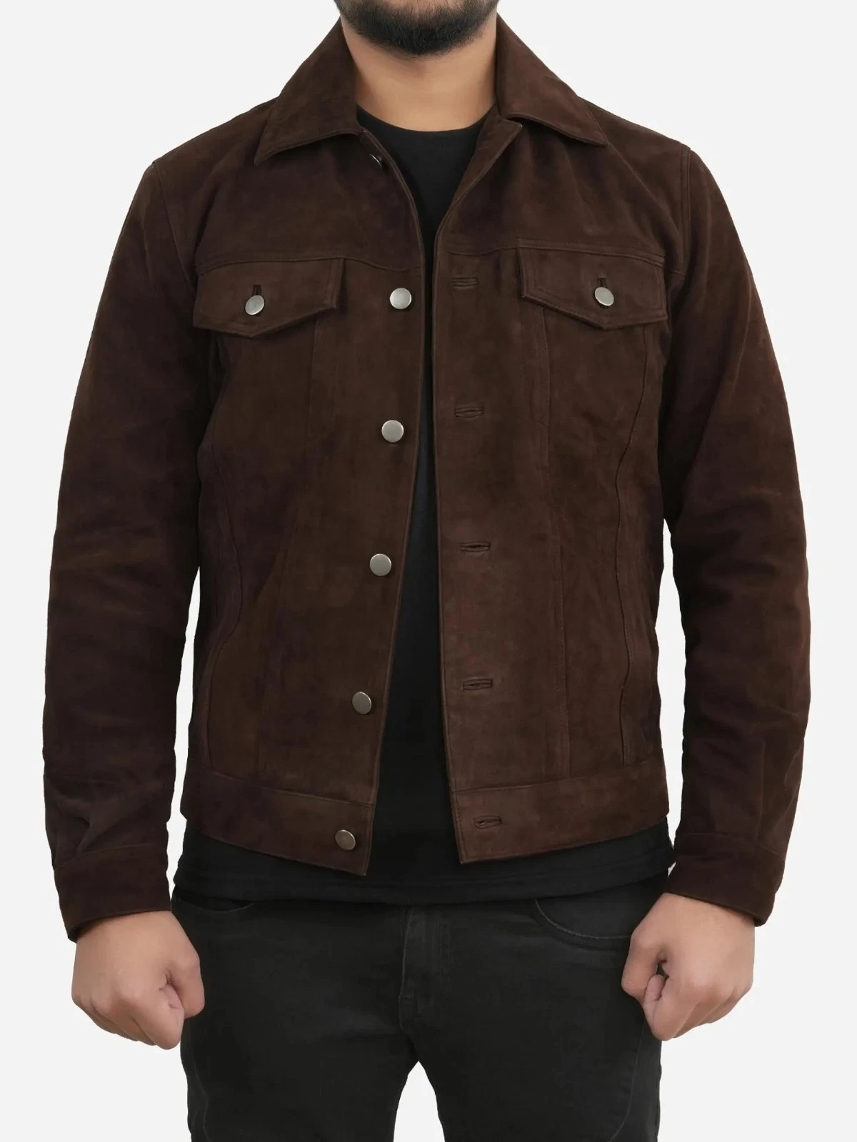 Men's Genuine Suede Leather Jacket Brown Vintage Classy Denim Style Trucker Coat