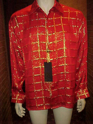 Chemise Homme Crème De Soie Métallisée - Motif Squares 6055 - Taille Medium - Rouge & Or - Neuf Avec Étiquette