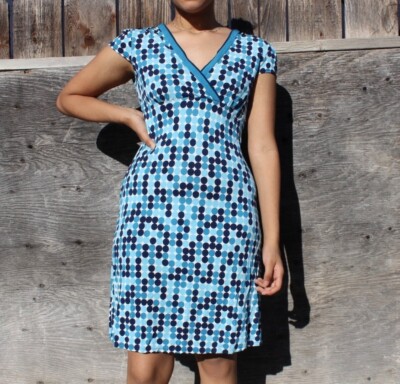 Ann Taylor Sz 6 Blue Polka Dot Print Sheath Empire Waist s Faux Wrap Dress  | eBay