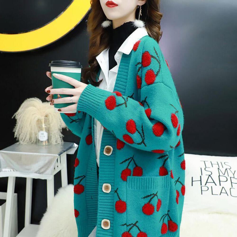 Cherry Pattern Korean Style Knitted Ladies Cardigan Casual Kawaii Fruit Geek