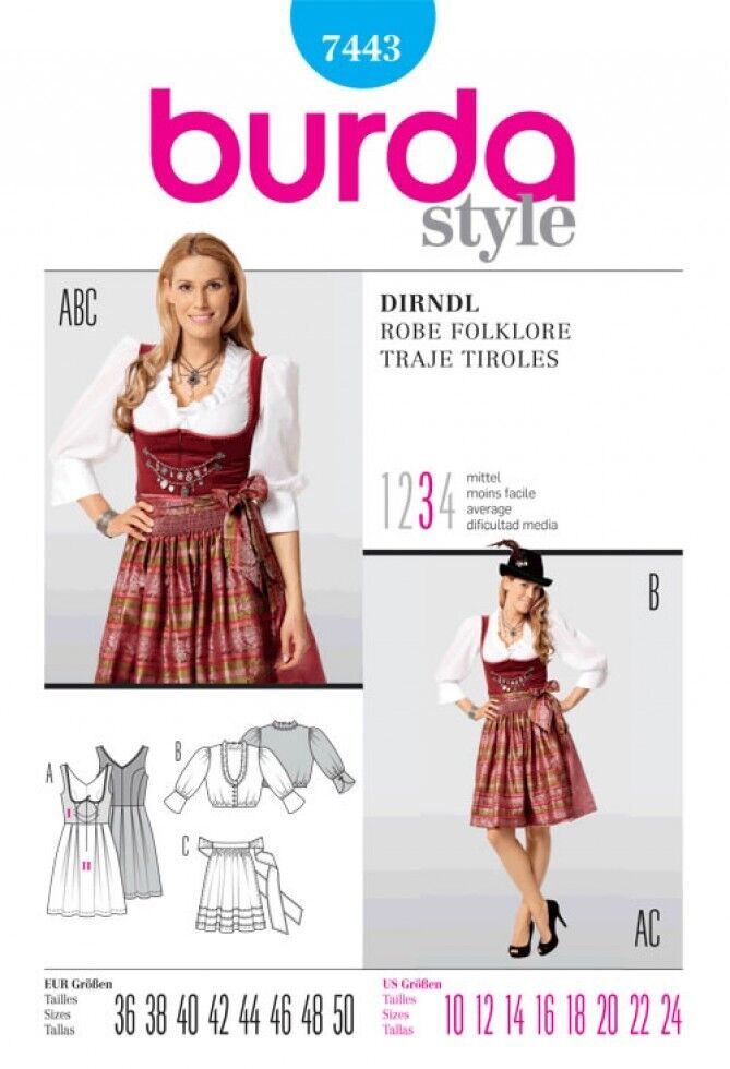BURDA 7443 DIRNDL DRESS With Apron LADIES Sewing Pattern Sizes 10 - 24