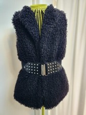 Women's Black Curly Faux Fur Vest Elastic Waist Buckle Closure Ps