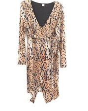 Venus Wrap Dress Women 1X Brown Leopard Print Excellent Long Sleeve Asymmetrical