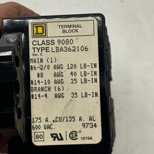 SQUARE D LBA362106 TERMINAL BLOCK CLASS 9080 175A 600VAC SER. C CU/135 - Picture 6 of 7