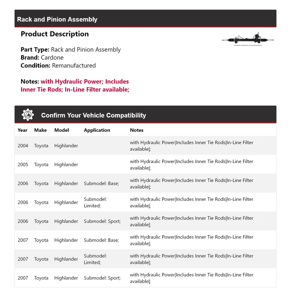 Para 2004-2007 Toyota Highlander conjunto de rack e pinhão Cardone 2005 2006 - Imagem 2 de 4