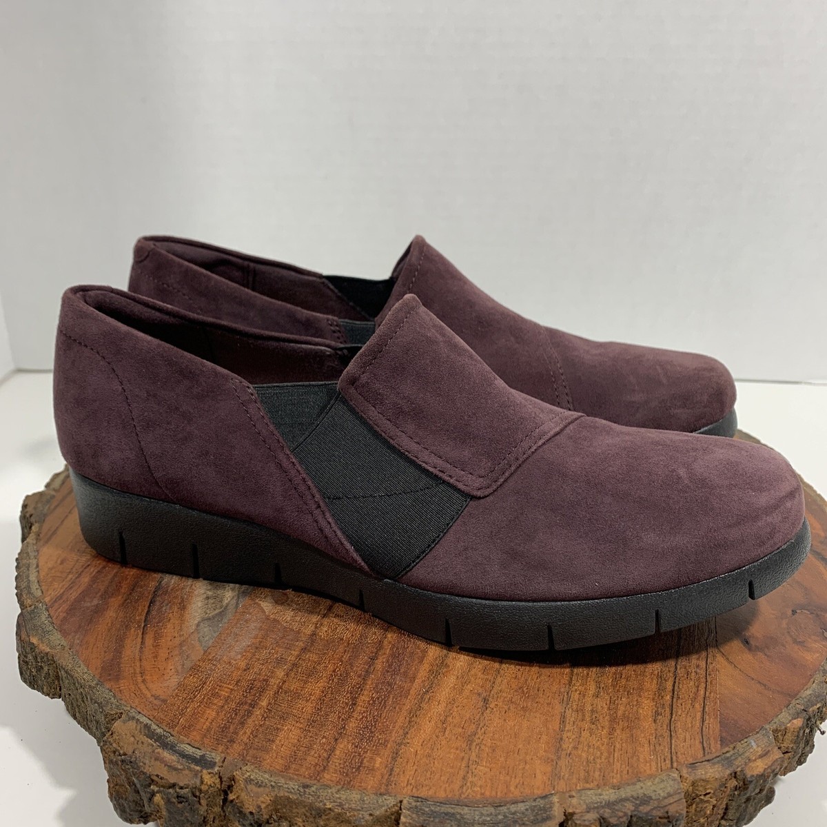 Clarks Artisan Brown Suede Low Wedge Slip On Loafer Shoe 