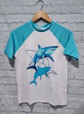 Lands' End Boys Size XL 14-16 White/Blue Shark Graphic Rash Guard Top T-Shirt