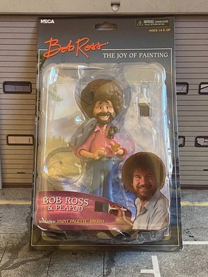 Bob Ross THE JOY OF PAINTING mit Farbpalette Pinsel Eichhörchen NECA Figur Neu