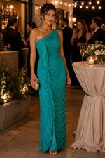Dalia MacPhee Teal One Shoulder Ruched Formal Evening Gown 4 Ruched Ruffle Maxi