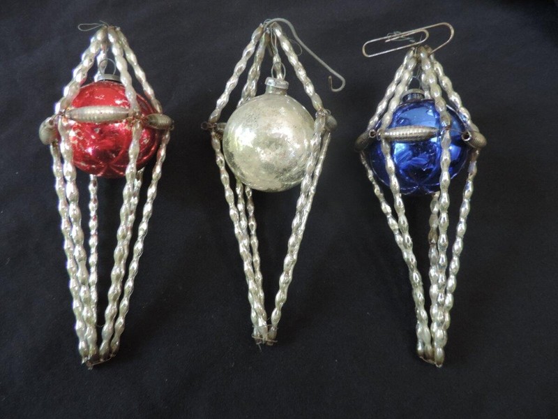 3 ANTIQUE~VICTORIAN~ MERCURY GLASS ORNAMENTS~RED WHITE BLUE~5"