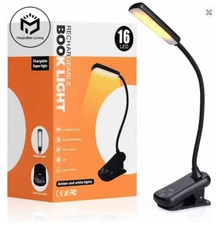 16-LED USB Rechargeable Clip-On Book Light 180° Adjustable Dimmable Lamp