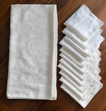 Vintage MCM Large White Damask Tablecloth 118x58 and 12 Matching Napkins 18x18