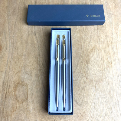 VINTAGE Parker Classic Stainless Steel/Gold GT Ballpoint Pen/Pencil Set