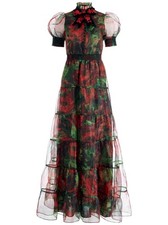 Alice + Olivia Coletta Red Black Silk Tulle Maxi Dress Cloud Floral Bordeaux - 2