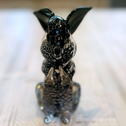 Vintage Murano glass rabbit figurine with clear, black, and silver leaf.